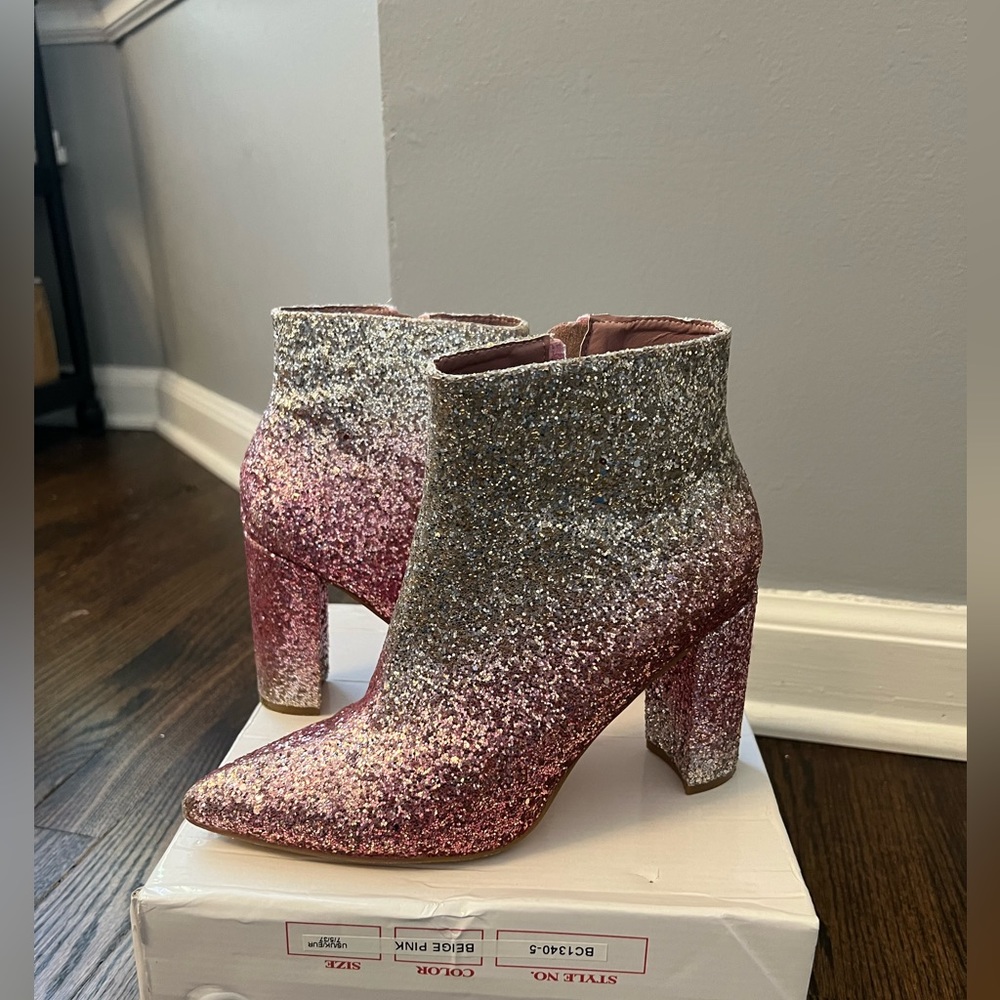Pink Glitter Block Heel Boots